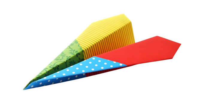 Colorful paper airplane with unique patterns isolated on transparent background