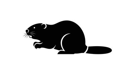 Black silhouette of a beaver with sharp teeth and flat tail on white background