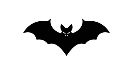 Silhouette of a black bat with outstretched wings and glowing red eyes on a white background