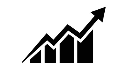 Black and white graphic showing a rising bar chart with an upward trending arrow symbolizing growth