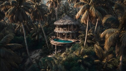 Thatched-roof hut on a circular deck with a pool, nestled among dense palm trees. Concept Thatched-roof poolside hut, Circular deck pool, Dense palm backdrop, Tropical retreat photography