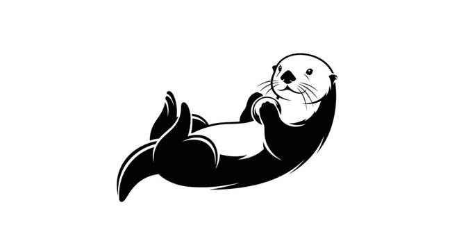 Cute black and white illustration of a sea otter floating on its back playfully
