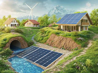 Eco-village energy – Schematic of village powered by solar, wind, and bioenergy sources feeding homes with energy flow arrows.
