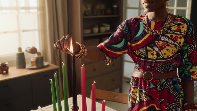 Tilt up shot of Black young woman in traditional attire lighting candle and blowing match out with smile on Kwanzaa day