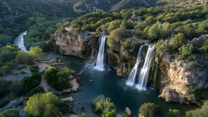 Two waterfalls cascade from a cliff into a pool, surrounded by lush trees in a rugged canyon. Concept Rugged canyon waterfalls, Lush forest and pool, Nature photography, Misty spray, Adventurous hike