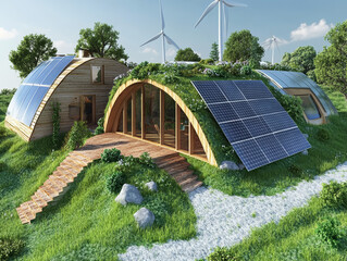 Eco-village energy – Schematic of village powered by solar, wind, and bioenergy sources feeding homes with energy flow arrows.
