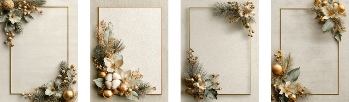 Elegant beige and gold floral frames set with winter greenery cotton flowers golden ornaments and soft texture for luxury greeting card design