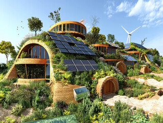 Eco-village energy – Schematic of village powered by solar, wind, and bioenergy sources feeding homes with energy flow arrows.