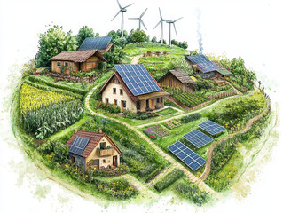 Eco-village energy – Schematic of village powered by solar, wind, and bioenergy sources feeding homes with energy flow arrows.