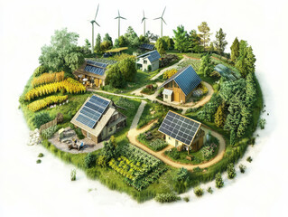 Eco-village energy – Schematic of village powered by solar, wind, and bioenergy sources feeding homes with energy flow arrows.