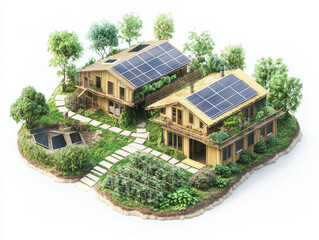 Eco-village energy – Schematic of village powered by solar, wind, and bioenergy sources feeding homes with energy flow arrows.