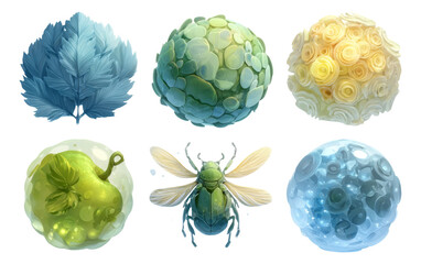 Isolated Watercolor Objects with Green, Yellow, and Blue Themes on Transparent Background