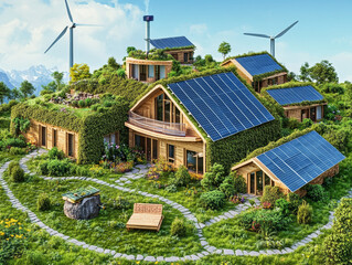 Eco-village energy – Schematic of village powered by solar, wind, and bioenergy sources feeding homes with energy flow arrows.