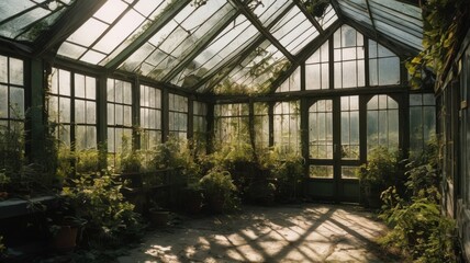 Sun-drenched, overgrown greenhouse interior, decaying beauty