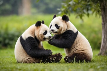 Obraz premium Two Adorable Pandas Sharing a Meal in a Lush Green Meadow