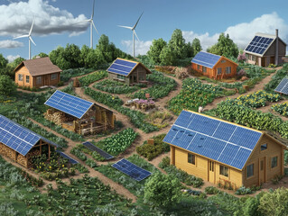 Eco-village energy – Schematic of village powered by solar, wind, and bioenergy sources feeding homes with energy flow arrows.