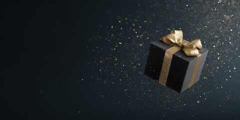 Black matte gift box with shiny gold bow and ribbon, representing elegant luxury present concept.