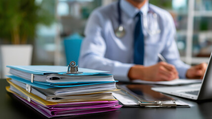 Defocused medical administrator with sharp focused stack of patient files and handwritten charts on desk, with copy space