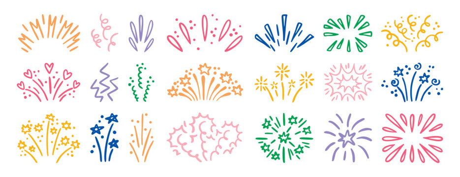 Colorful bright Festive firework explosion set isolated on white background. Vector illustration of hand drawn confetti burst effect, party firecracker sparks, abstract spiral.