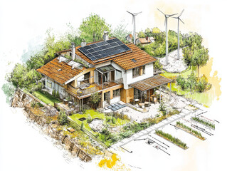 Eco-village energy – Schematic of village powered by solar, wind, and bioenergy sources feeding homes with energy flow arrows.