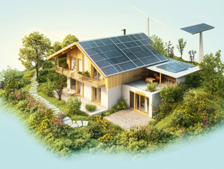 Eco-village energy – Schematic of village powered by solar, wind, and bioenergy sources feeding homes with energy flow arrows.