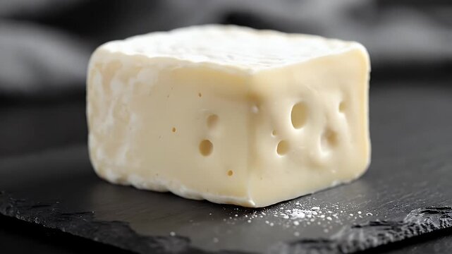 Close Up Square Slice of White Cheese on Black Slate Board Surface