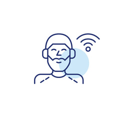 Man wearing headphones and wi-fi. Podcast, audio and wireless listening. Pixel perfect, editable stroke vector icon