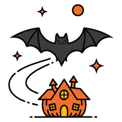 Halloween Bat and Pumpkin House – Stylized Vector with Stars and Moon