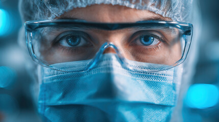 Medical professional in protective gear looking seriously at the camera while preparing for a procedure in a sterile environment