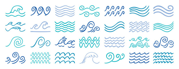Sea wave blue icon set in doodle style, vector illustration of ocean water flow