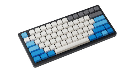 Close up of a compact mechanical keyboard with white blue and gray keycaps on a transparent background isolated on transparent background