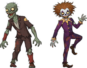 Fototapeta premium Zombie character illustration, creepy clown artwork, Halloween horror cartoon, scary monster drawing, spooky undead figure, evil jester design