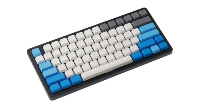 Close up of a compact mechanical keyboard with white blue and gray keycaps on a transparent background isolated on transparent background