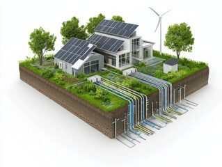Eco-village microgrid – 3D schematic of solar, wind, and bioenergy network powering homes with transparent underground cabling.
