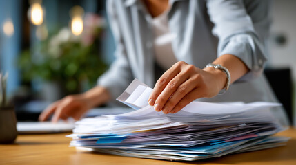 Anonymous office worker's hands organizing documents with blurred figure and crystal clear medical records pile visible, with copy space