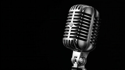 Fototapeta premium Vintage silver microphone positioned against a black background, evoking a classic music vibe and nostalgia for live performances