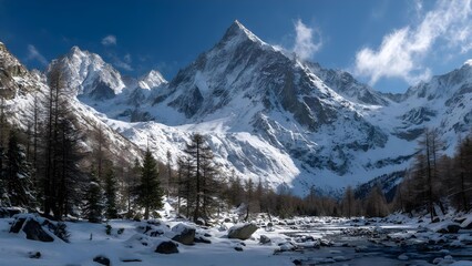 Fototapeta premium Snowy alpine mountains under a clear blue sky, with a rocky river valley and scattered pine trees in the foreground. Concept Snowy alpine mountains, Clear blue sky, Rocky river valley