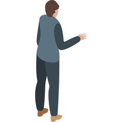Isometric view of a person from behind wearing a blue vest and dark pants with outstretched hand against a white background simple graphic illustration
