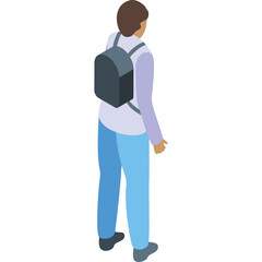 Isometric view of a person from behind wearing a light purple long sleeve shirt blue pants and a dark grey backpack standing against a pure white background
