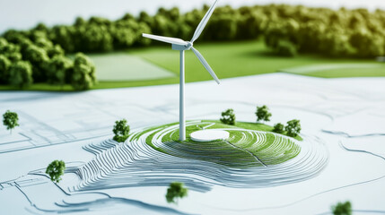Eco wind farm – Small-scale wind turbine near farmland, blueprint with energy routing and environmental buffer zones.