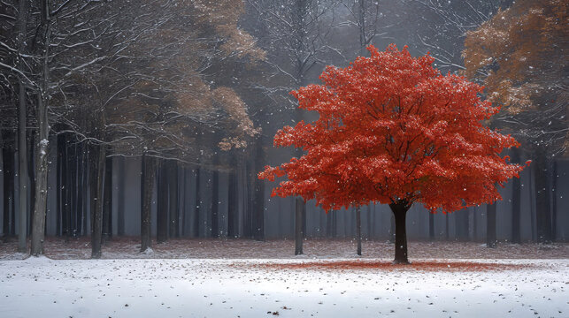 Single, vivid red autumn tree standing in a snowy forest landscape, symbolizing individuality and contrast. Perfect for nature, photography, motivation, and inspiration blogs/sites or seasonal art.