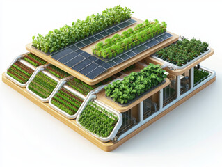 Eco rooftop farms – Urban rooftop farming blueprint with solar tracking systems, irrigation pipes, and modular green layouts.