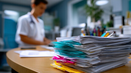 Blurred medical clerk with sharp detailed view of organized file stack and handwritten entries on papers, with copy space
