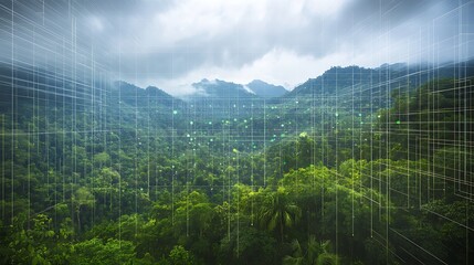Lush jungle landscape with digital grid overlay, showcasing technology and nature integration effectively