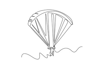 Continuous one line drawing brave person is paragliding, suspended high beneath fully inflated chute, thrill and airborne freedom of extreme sport. Single line draw design vector graphic illustration