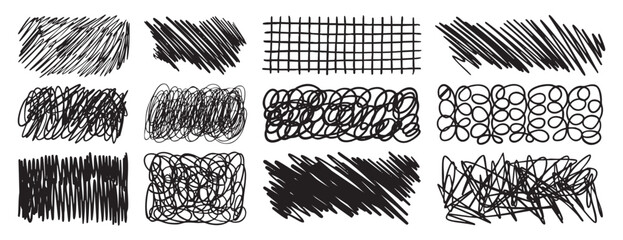 Vector set of scribble graphic elements hand drawn strokes, checks, crosses and highlights