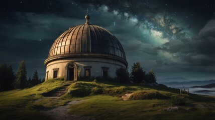Obraz premium Observatory Dome Under a Starry Night Sky on a Grassy Hill