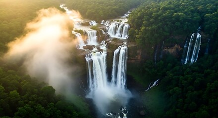 Aerial View of Cascading Waterfall in Tropical Forest with Mist