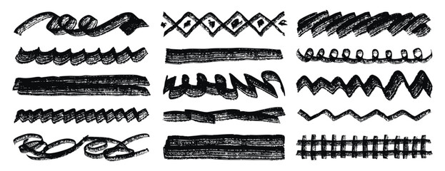Obraz premium Textured horizontal lines, fragments of ornament underlines, textured grunge set, wavy and zigzag and straight accents.