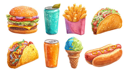 Colorful Fast Food Collection with Hamburger, Tacos, Hot Dog, and Ice Cream